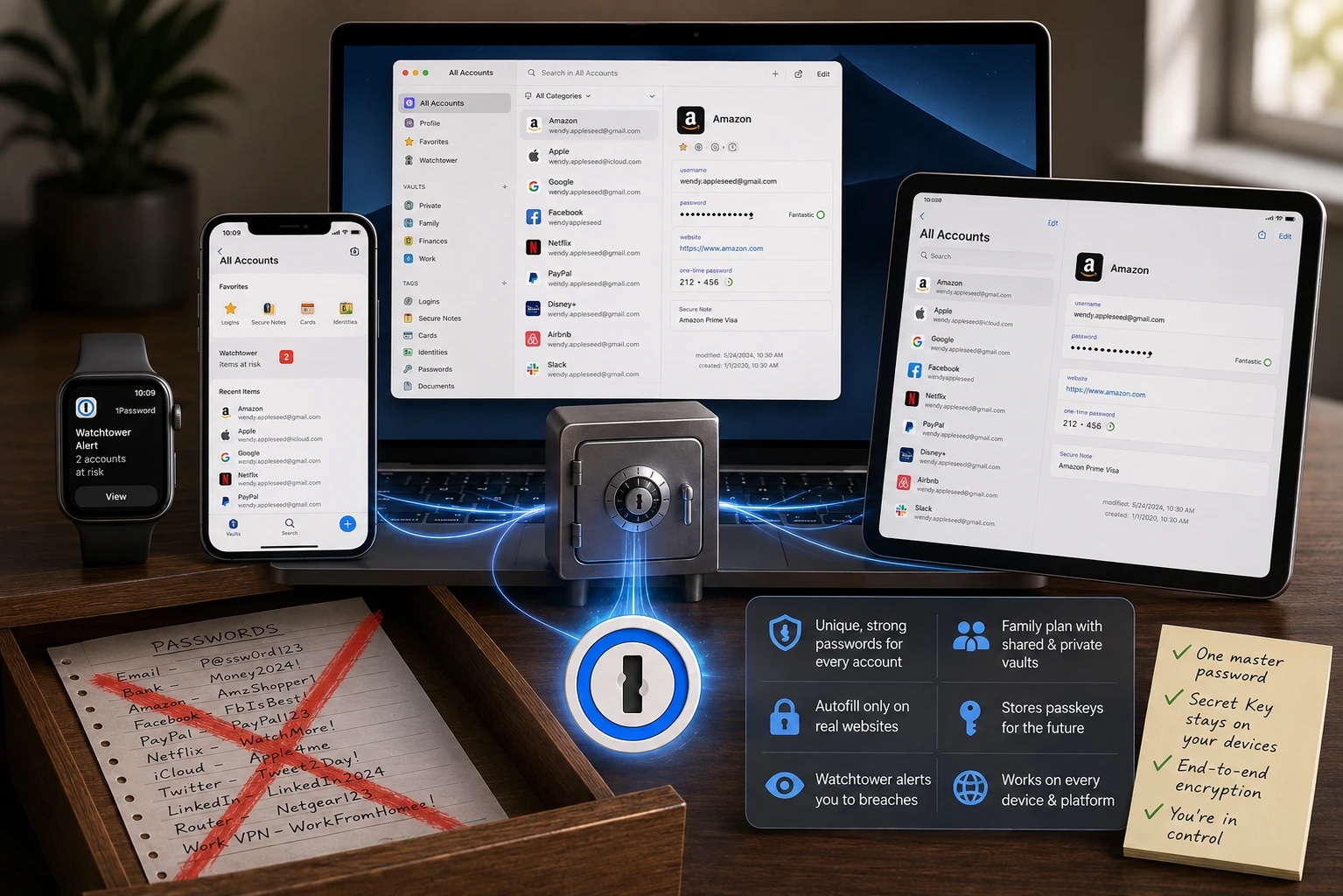 1Password vault synced across Mac, iPhone, iPad, and Apple Watch, replacing a crossed-out paper password list