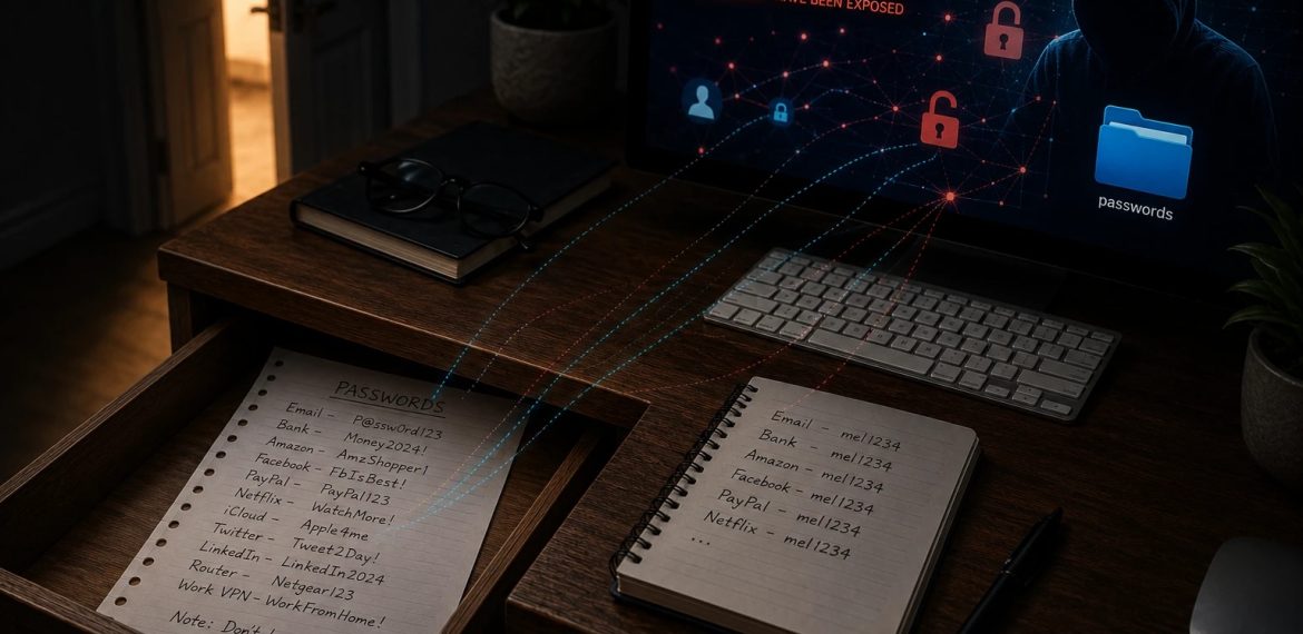 Handwritten password list in a desk drawer while a breach warning shows on the computer screen