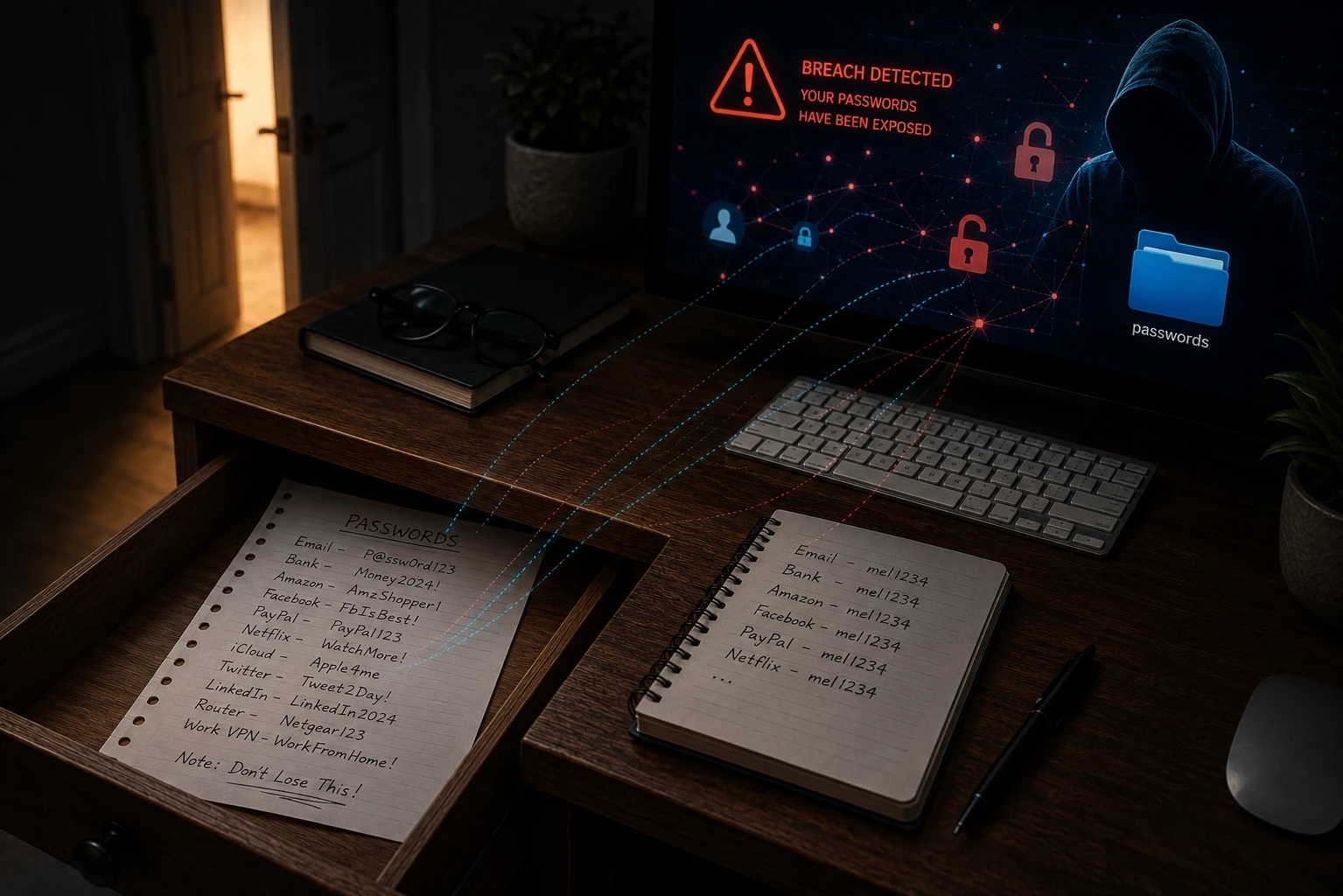 Handwritten password list in a desk drawer while a breach warning shows on the computer screen